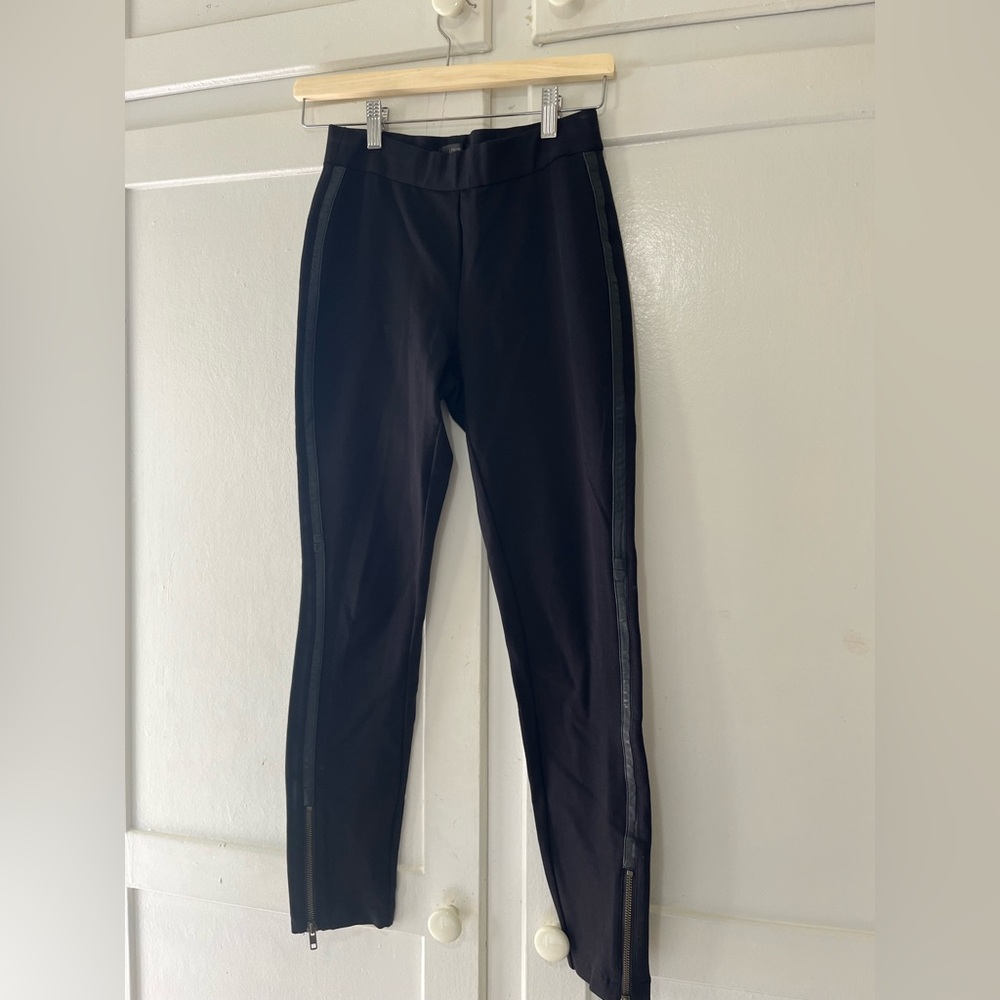 J Crew Size 2 Leather Trim Zipper Stretch Pull On Trousers Black Casual Pants